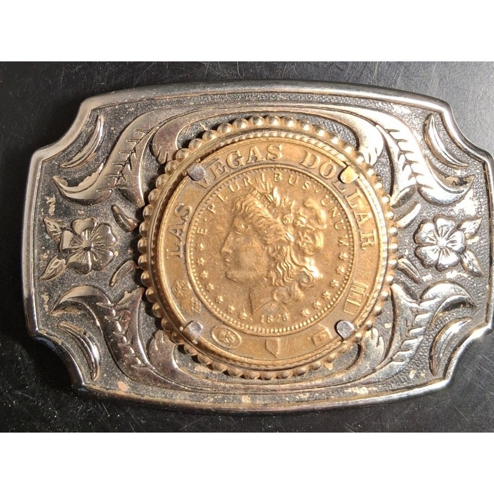 Vintage Las Vegas Dollar Belt Buckle 1878 Liberty Coin Western Silver Gold Tone